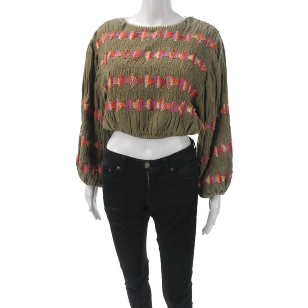 BOTEH Womens Cropped Boho Green Geometric Long Sleeve Blouse Size 1